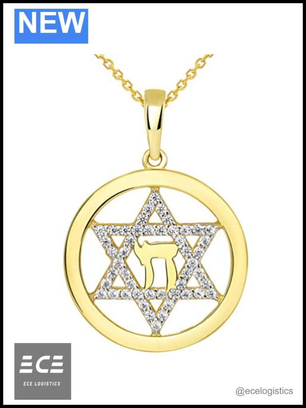14k Yellow Gold Round CZ Jewish Star of David Chai Pendant Necklace